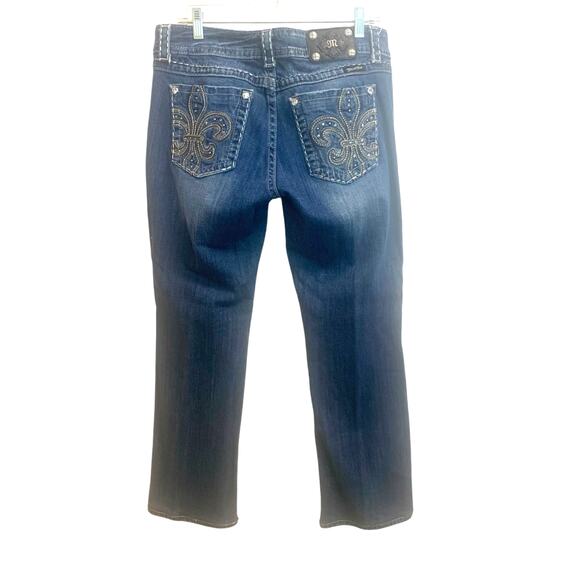 Miss Me sz 31 Easy Boot Rhinestone embellished Fleur De Lis Jeans - Picture 1 of 14